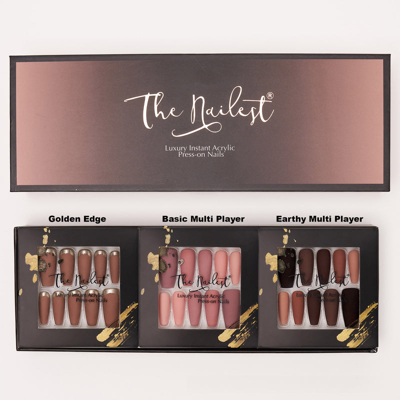 Gift Box 3 Set Combo *Earthy Basic Tone* Medium Coffin Instant Luxury Acrylic Press On Nails