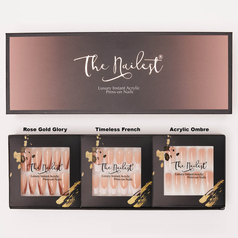 Gift Box 3 Set Combo *Soft Flare* Medium Coffin Instant Luxury Acrylic Press On Nails