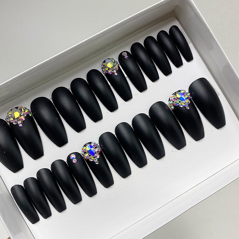 Dazzle Solid Black Matte Crystal Accent Long Coffin Press On Nail Set
