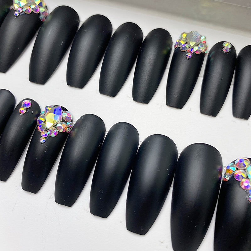 Dazzle Solid Black Matte Crystal Accent Long Coffin Press On Nail Set