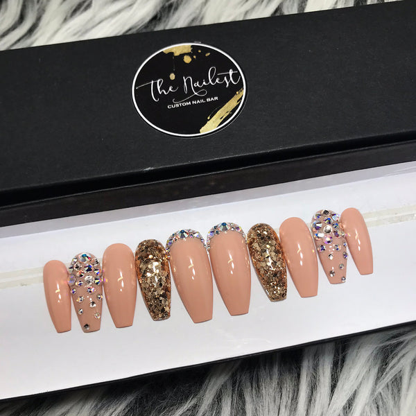 Handmade- Glossy Nude Gold Glitter Bling Crystal Ombre Press On Nail Set