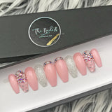 Handmade- Glossy pinklady Pearl Glitter Bling Crystal Ombre Press On Nail Set
