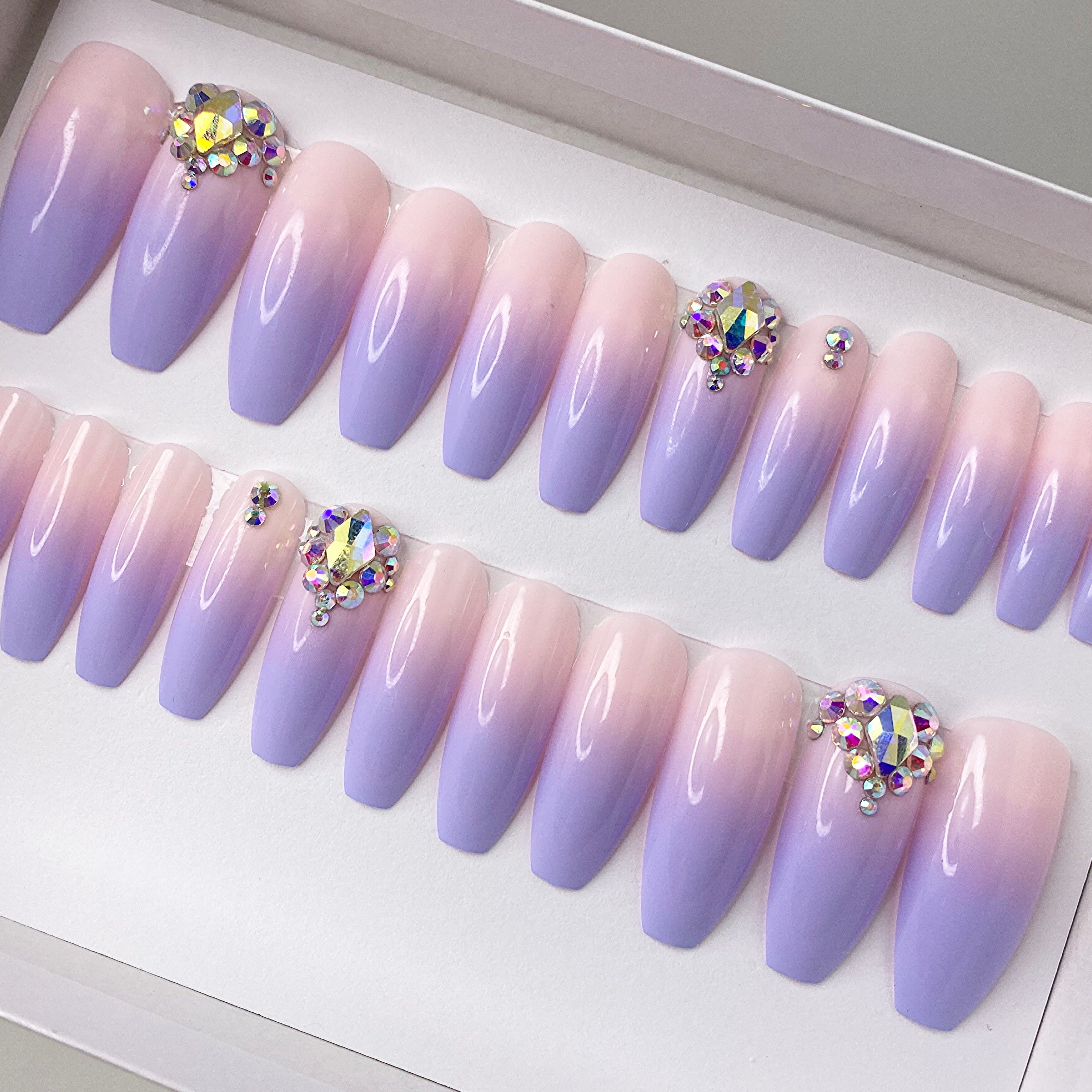 Dazzle Fairytale Ombre Crystal Accent Long Coffin Press On Nail Set