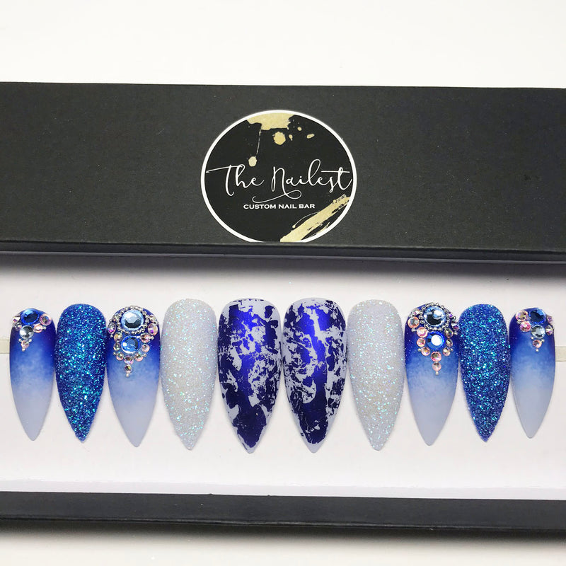 Handmade- Oceanic Blue or Purple Matte Ombre Bling Crystal Press On Nail Set