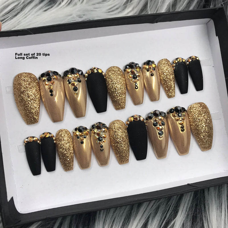 Handmade- 24K Goldilocks Gold Chrome Matte Black Crystal Bling Press On Nail Set