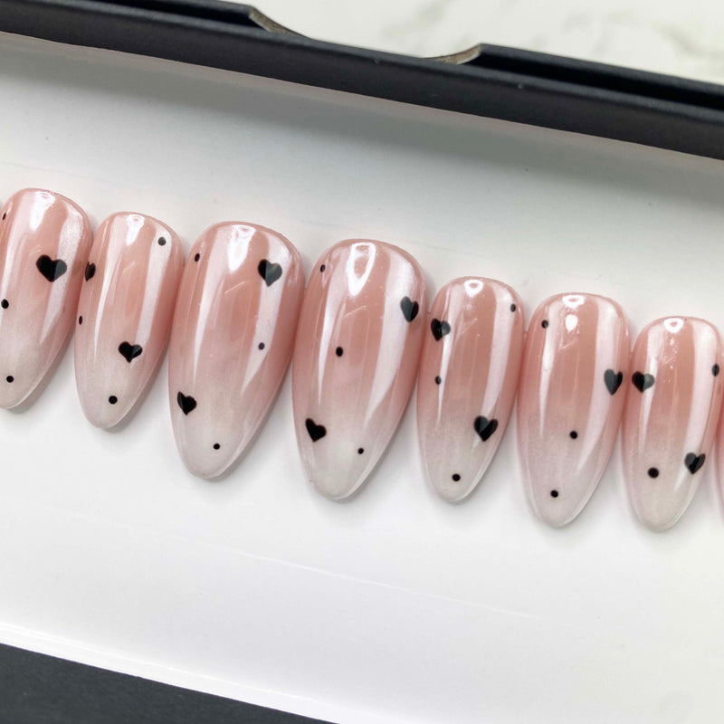 Handmade- Soph Ombre Chrome Donut Glazed W/ Black Heart and Dots Press On Nail Set