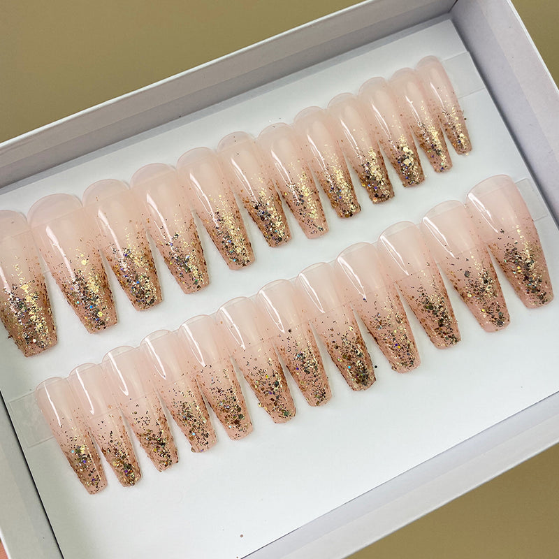 Instant Glam- Sheer Nothing Gold Glitter C-Curve Long Coffin Press On Nail Set
