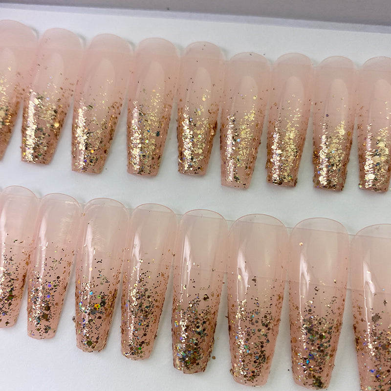 C-Curve Long Coffin Gold Glitter Ombre Nails