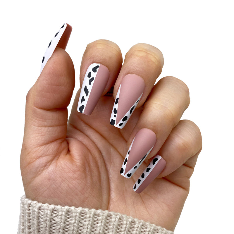 Black white mix and match cow print fake nails Medium coffin false nail UV  design gel popular Black spots