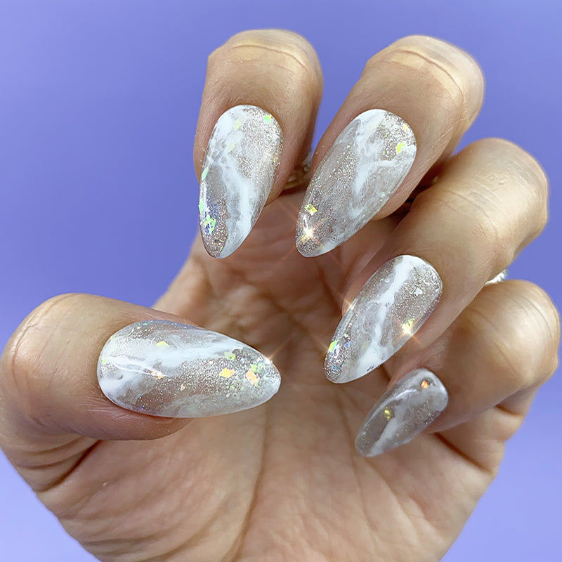 Handmade- Cool Cosmo White Smoky Marble With Glitter Press On Nail Set