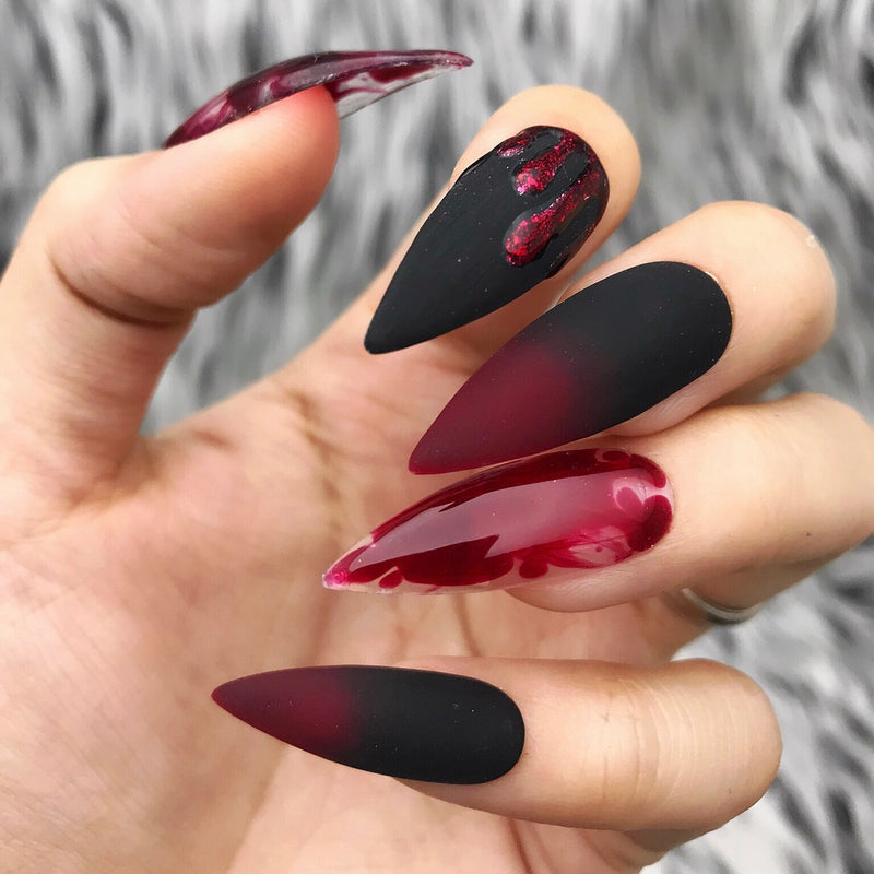 Dark Red Galaxy Glitter Glossy Press On Nails Medium Length Lipstick Shape  Sexy Fake Nails Set With Rhinestones Diy Nail Art - False Nails - AliExpress
