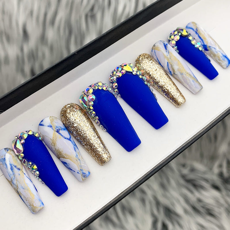 Handmade- Gold Cobalt Blue Marble Ombre Bling Crystal Press On Nail Set