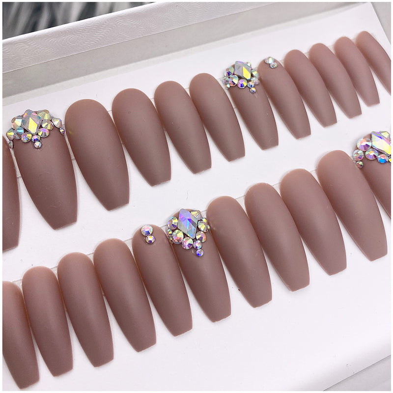 Dazzle Solid Matte Taupe Crystal Accent Long Coffin Nail Set