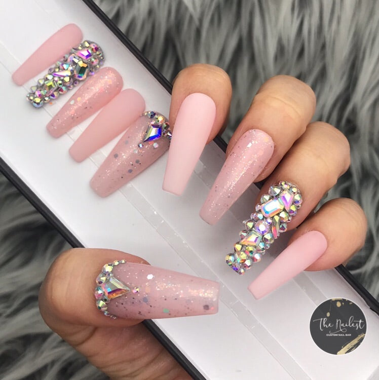 Handmade- Frosty The Pink Sheer Pink Iridescent Glitter w/ Bling Crystal Press On Nail Set