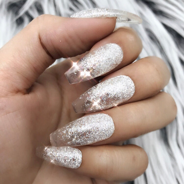 24pcs/box Holographic Silver Glitter Acrylic Nails Ombre French Fake Nails  Coffin Shape Nude Pre-designed Nail Art Tips | Wish