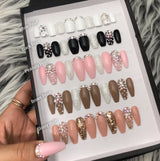 Handmade- Glossy Brown Pearl Glitter Bling Crystal Ombre Press On Nail Set