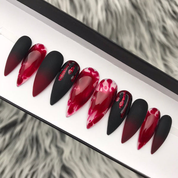 Handmade- Blood Drip Black Blood Red Splatter Press On Nails Halloween