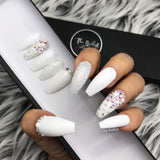 Handmade- Glossy White Pearl Glitter Bling Crystal Ombre Press On Nail Set