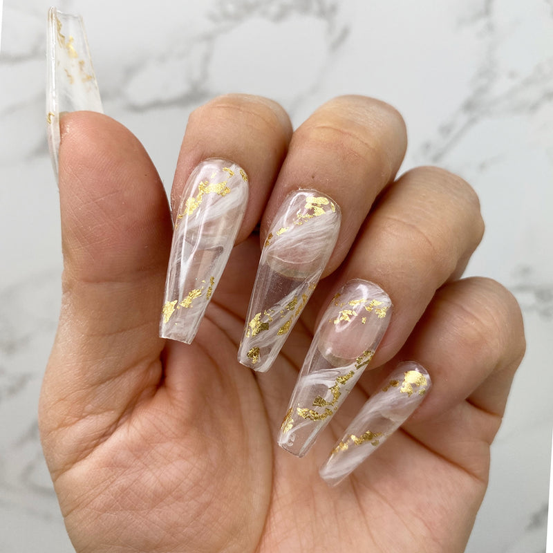 Handmade-London Fog White Marble With Gold Accent Press-On Nail Set