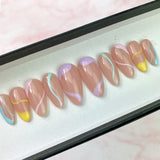 Handmade- Prismatic Wave, Multi Pastel and Beige Swirl Press On Nail Set