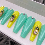 Handmade- Pineapple Express Glossy Yellow Mint Press On Nail Set