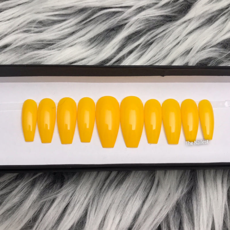 Handmade- Golden Girlfriend Premium Quality Solid Glossy Yellow Press On Nail Set