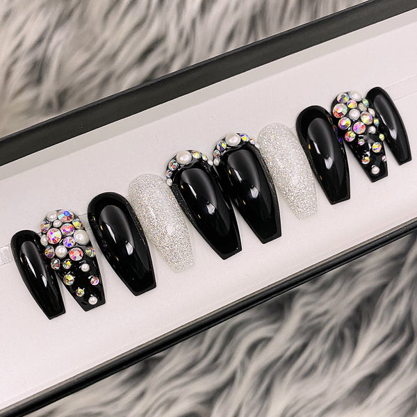 Handmade- Glossy Black Pearl Glitter Bling Crystal Ombre Press On Nail Set