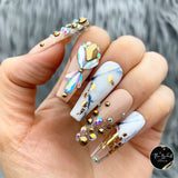 Handmade- Magnolia Gold Foil Nude White Marble Crystal Ombre Press On Nail Set