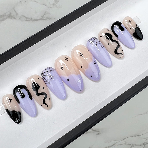 Handmade- Midnight Purple, Halloween Cute Hand Drawn Press On Nail Set