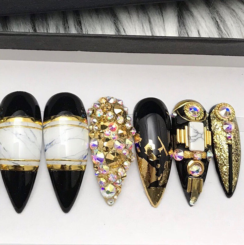 Crystal Press On Nails | Black Nails with Gold Foil & Marble Crystal Press On Nails | Black Nails with Gold Foil & Marble