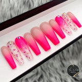 Handmade- Blush Fleur Soph Neon pink Ombre Flower Encapsulated Press On Nail Set
