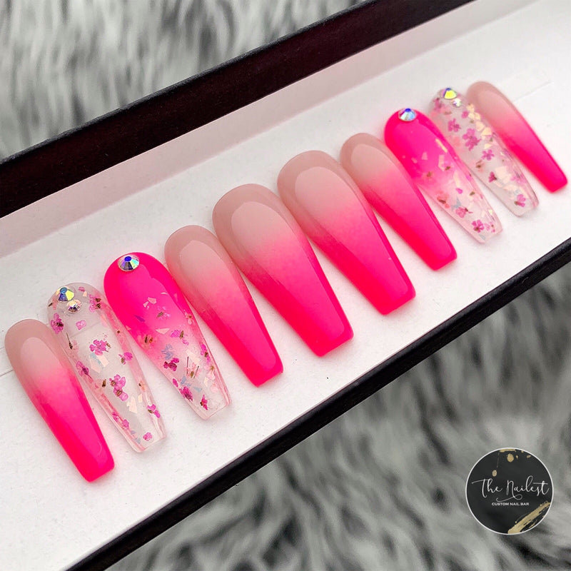 Neon Pink Flower Encapsulated Ombre Nails