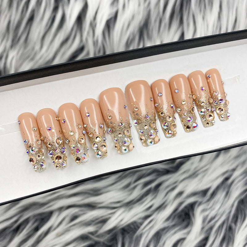 C-Curve Long Coffin Gold Glitter Ombre Nails
