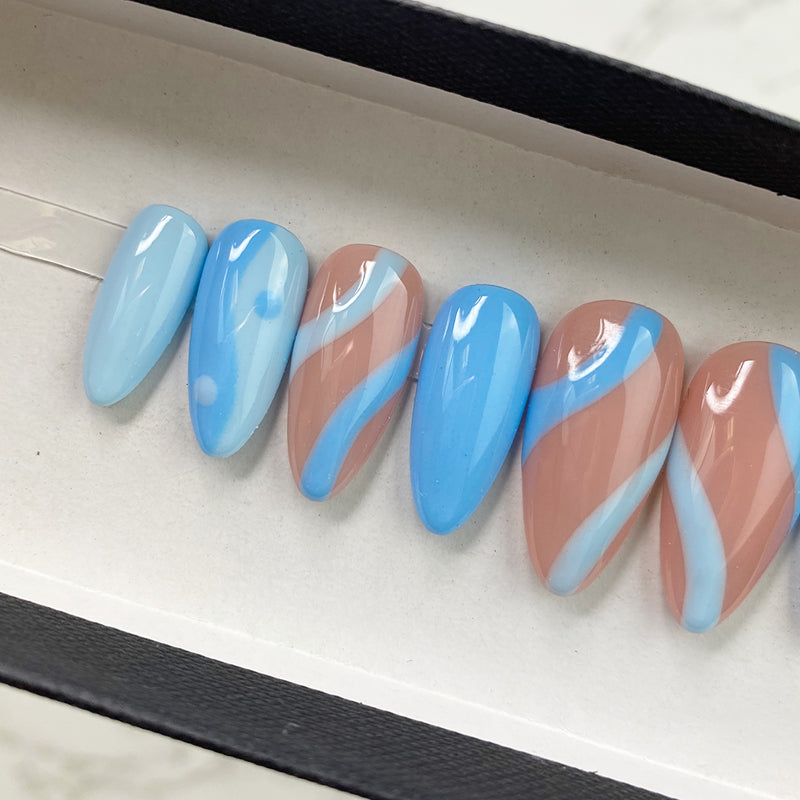 Handmade- Zen Wave, Blue And Nude Press On Nails