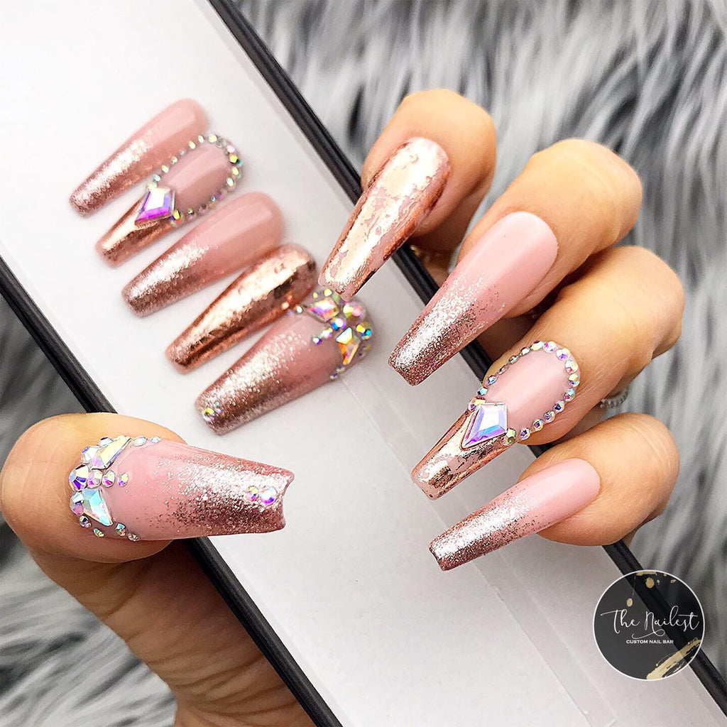 Pink and Rose Gold Foil Ombre Nails with Bling