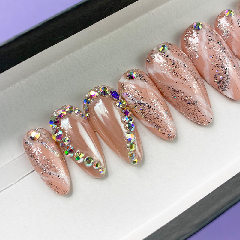 Handmade- Nude Valentines Chrome Marble Crystal Bling Press On Nail Set