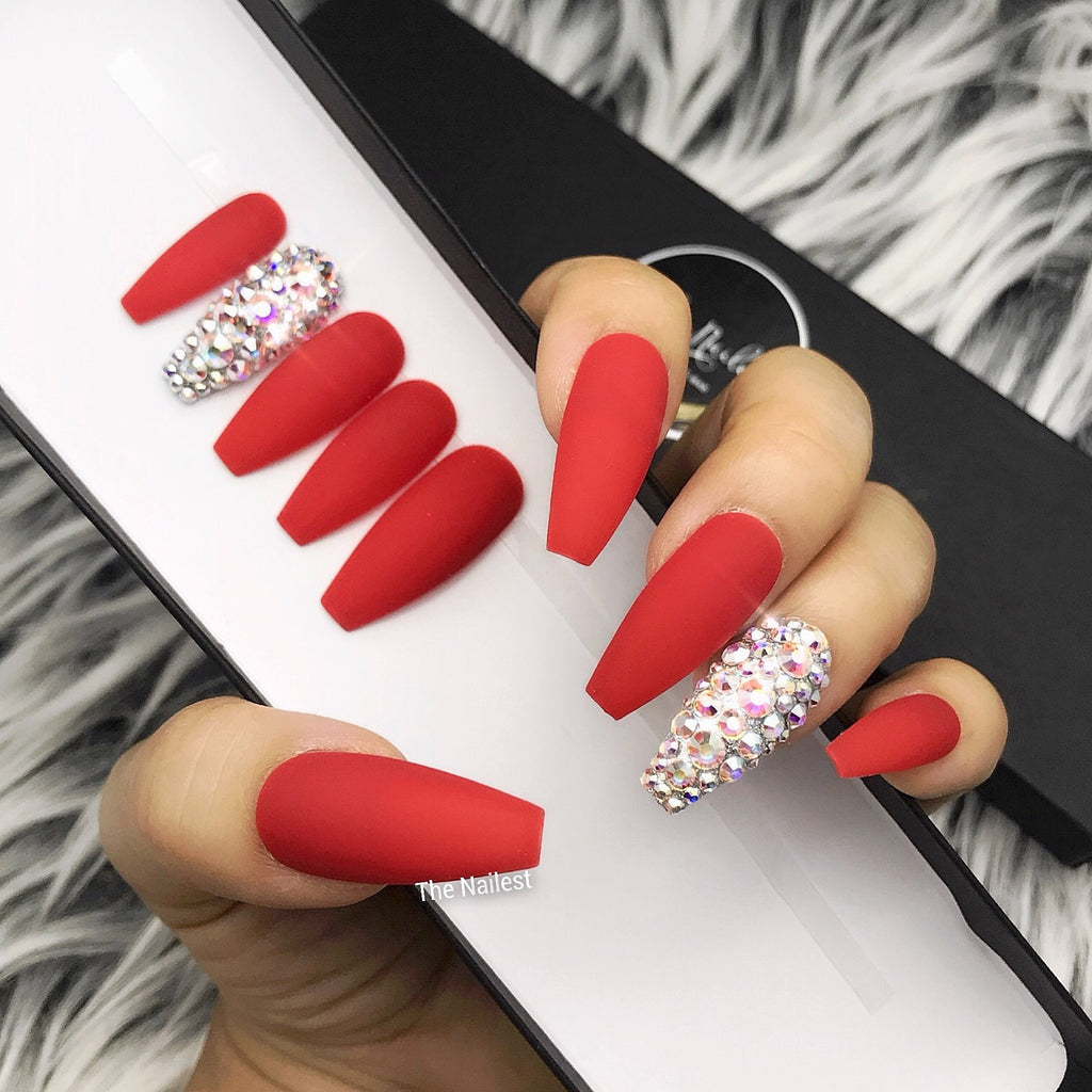 Red Matte Press On Nails with Crystal Accent