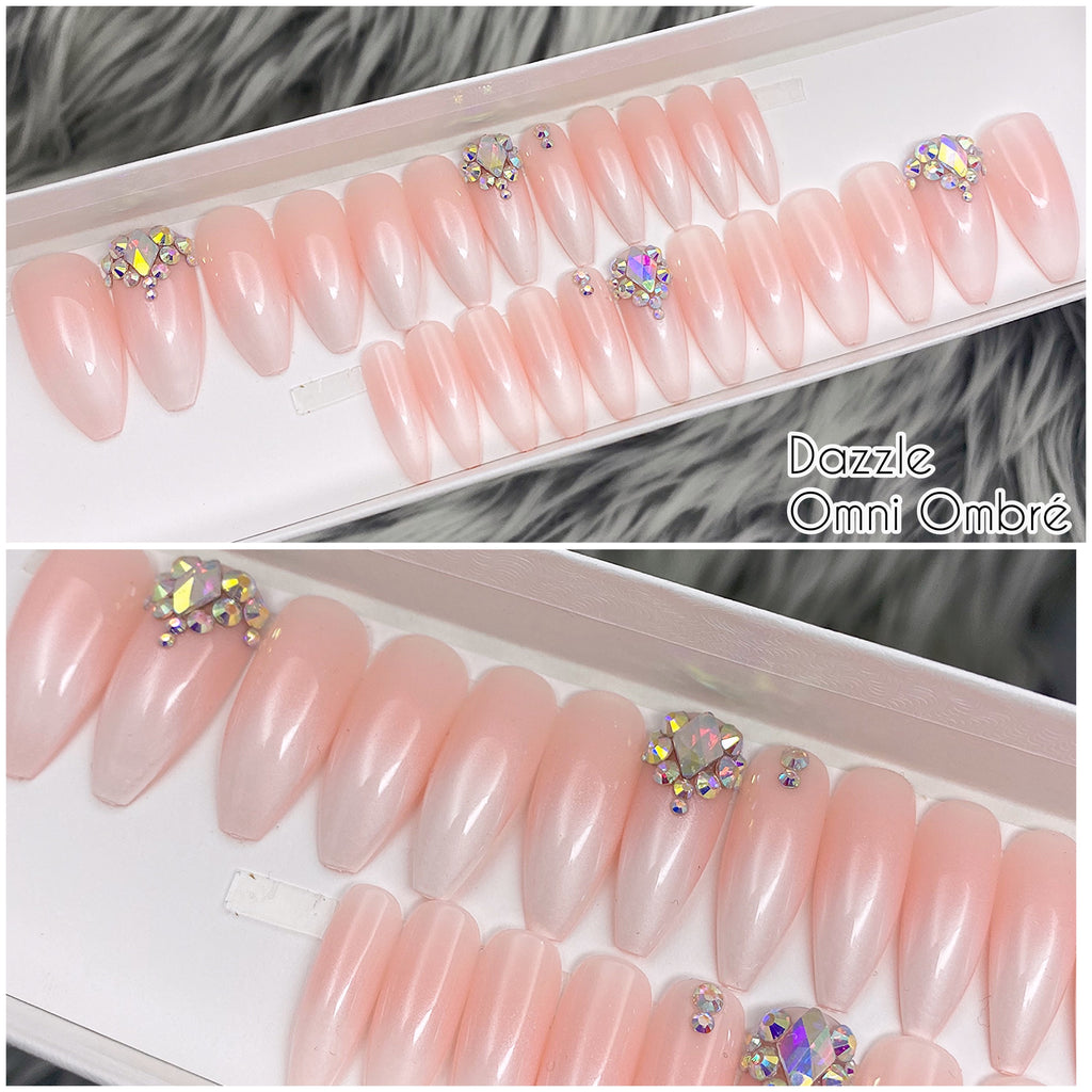 Dazzle Omni Pink Ombre W/ Crystal Accent Tapered Long Coffin Press On