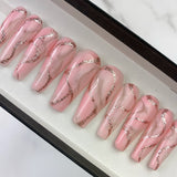 Handmade- Pink Quartz w Rose Gold Reflective Gel Press On Nail Set