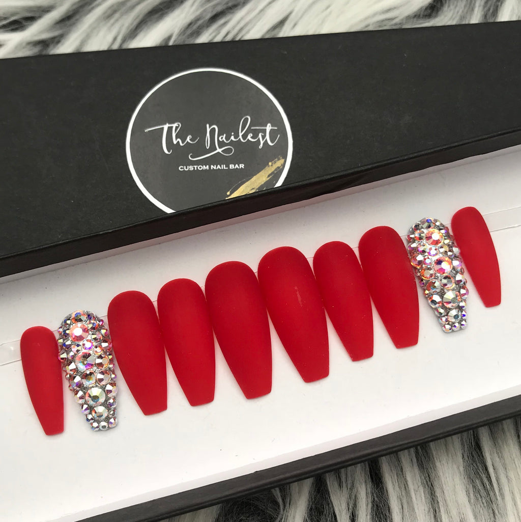 Glossy Red Nails with Rhinestones – KLOSS BEAUTY