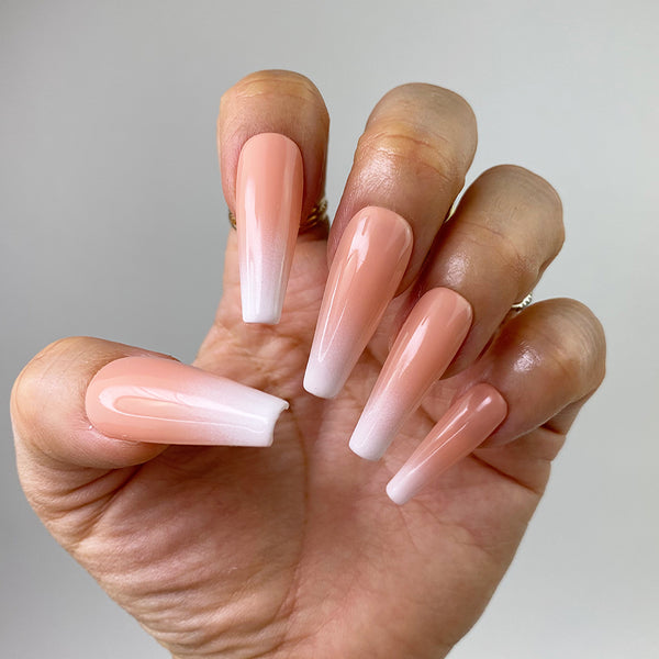Handmade- Gorgeous Boom Nude Ombre Glossy White Ombre Baby Boomer Press On Nail Set