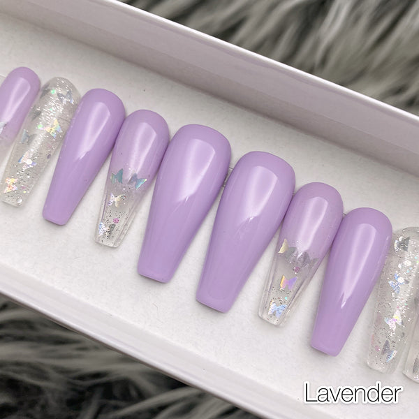 Handmade- Simply Butterfly Lavender Pastel Purple Iridescent Glitter Ombre Press On Nail Set