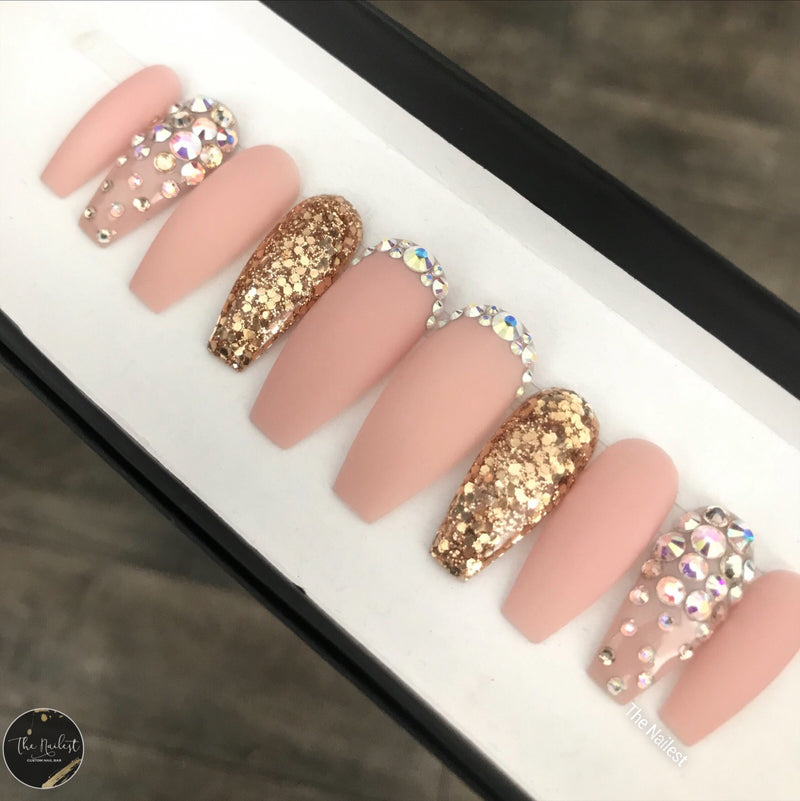 Handmade- Matty Pink Nude gold Glitter Soph Pink Crystal Bling Ombre Press On Nail Set