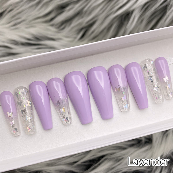 Handmade- Simply Butterfly Lavender Pastel Purple Iridescent Glitter Ombre Press On Nail Set