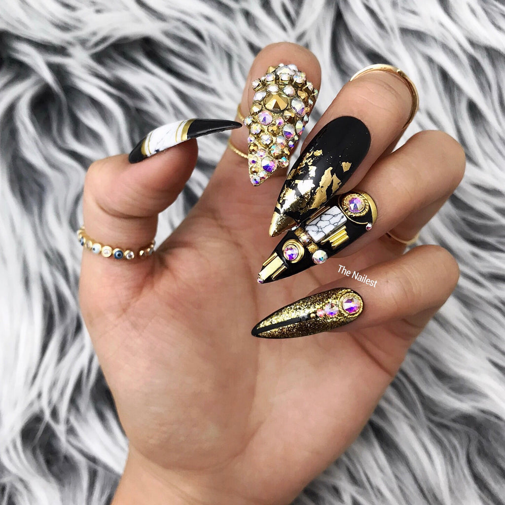 Crystal Press On Nails  Black Nails with Gold Foil & Marble