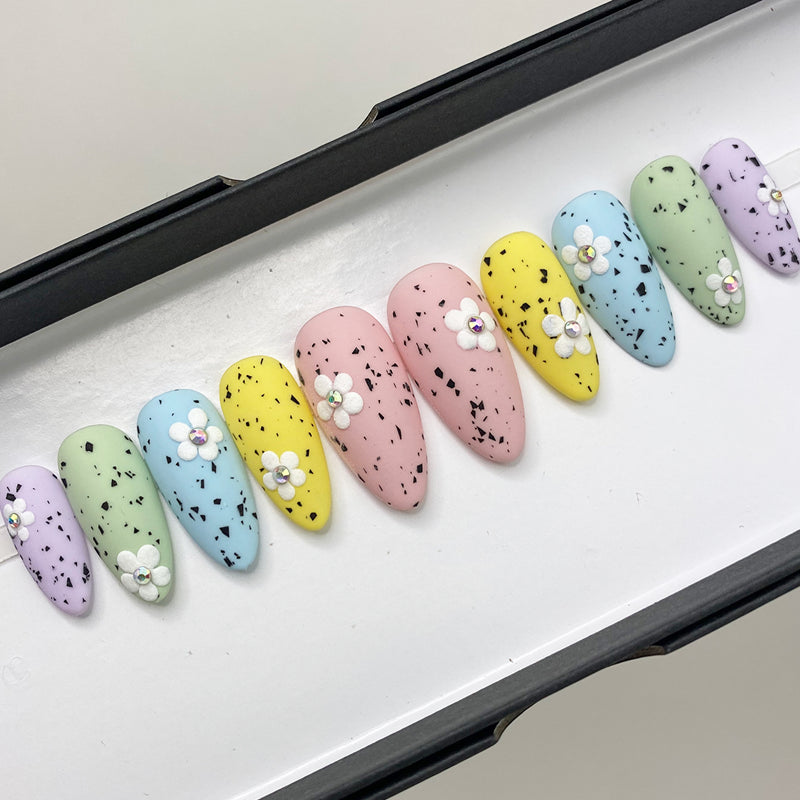 Handmade- Sweet Bunny Hop, Easter Pastel Base w/ Unique Black Speckles Detail Press On Nail Set