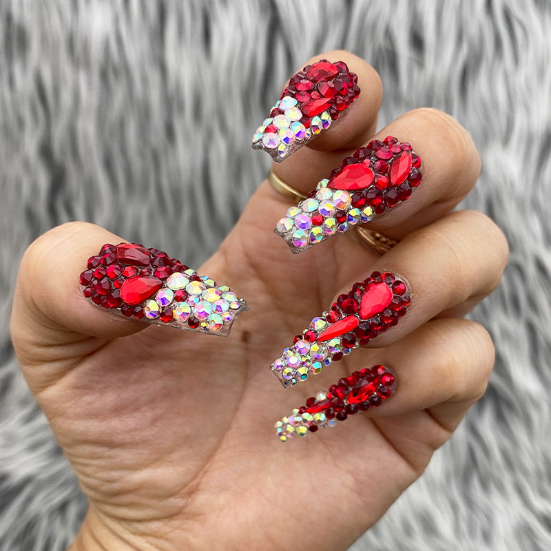 Press On Ruby Red Crystal Ombre Nails