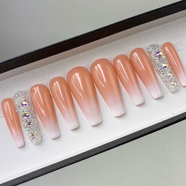 Handmade- Gorgeous Boom Nude White Ombre w/ Pixie Baby Boomer Press On Nail Set