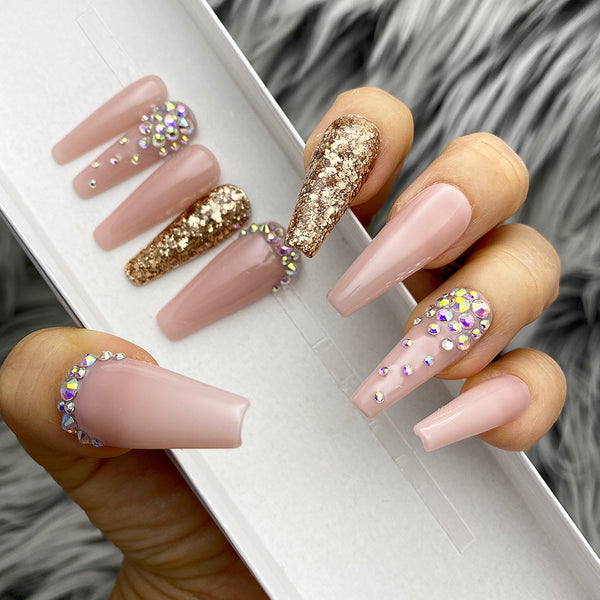 Handmade- Glossy Soph Pink Sophisticated Pink Glitter Bling Crystal Ombre Press On Nail Set
