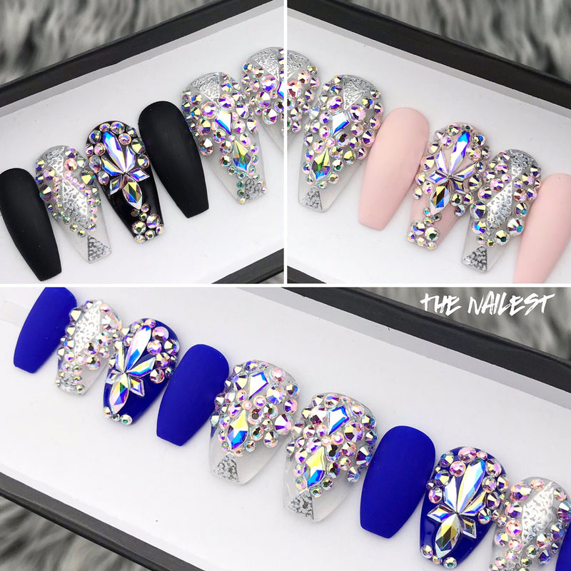 Handmade- Fearless Matte Solid Holo Silver Decal Bling Crystal Press On Nail Set